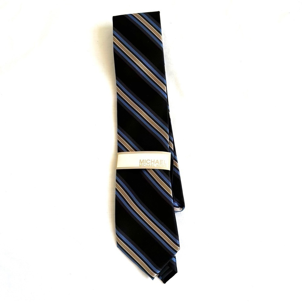 NWT Michael Kors Mens Houndstooth Stripe silk tie, black, navy, blue and brown